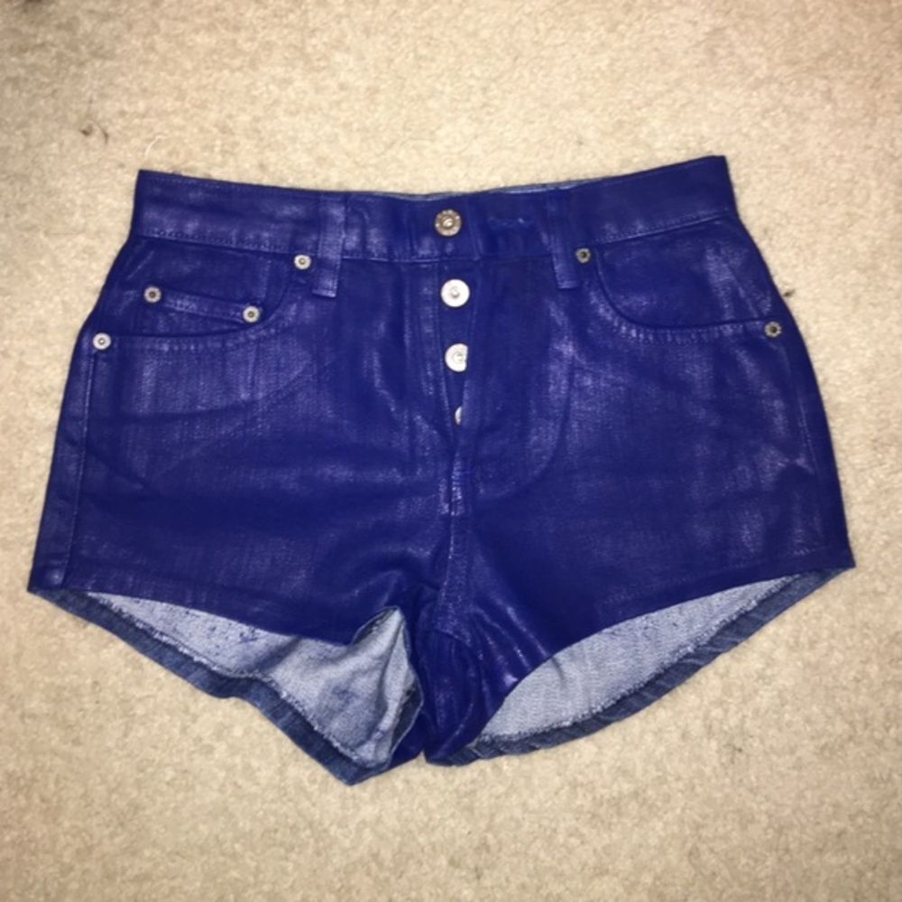 New LF - High Waisted Shorts Blue Shiny Coated Jean Shorts - Size 26 NEVER WORN